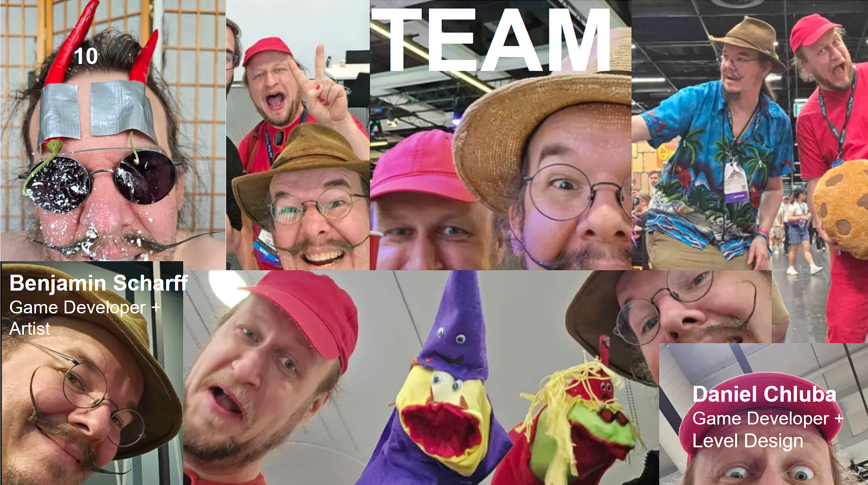 Team-Collage mit Benjamin Scharff und Daniel Chluba bei der Entwicklung und auf Veranstaltungen